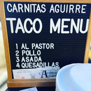 Menu at one of our events