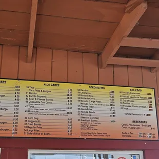 a menu on the wall