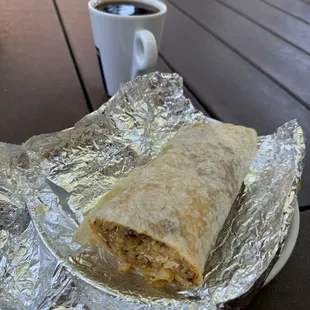 Chorizo breakfast burrito. I had to supply my own coffee.