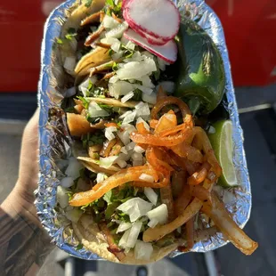 a hand holding a plate of food