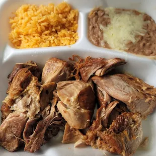 Personal #1 Combo Plate  1/2lb. carnitas, rice, beans, tortillas, salsa, and a soda