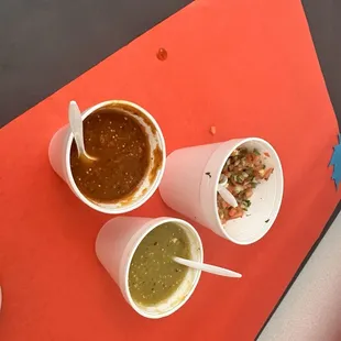 Tasty Pico de gallo, variety of salsas from hot to medium.