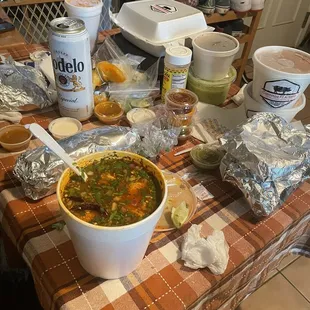 Dinner spread! Menudo, beans, rice.