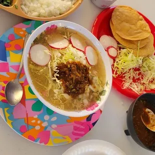 Delicious posole blanco and tacos de carnitas with hand made  tortillas