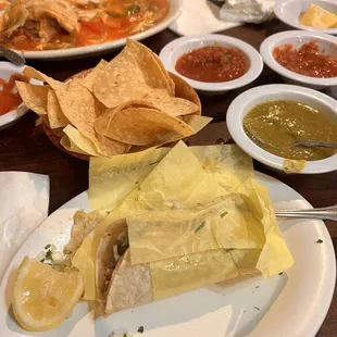 Carnitas! Tacos and Burrito. Homemade salsas and horchata.