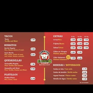 Menu for tacos and burritos only. Tax not included.