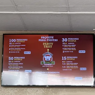 Menu for party trays.