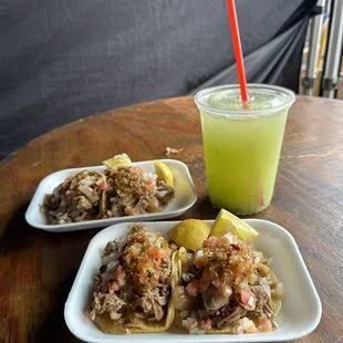 Carnitas tacos with cucumber lime agua fresca
