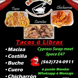 Tacos, Pork Skins, and Carnitas! 

Text or Call Us By Phone or Whatsapp To Place Your Order!