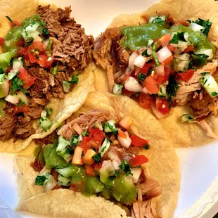 Carnitas and barbacoa tacos dressed up