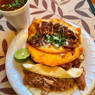 Quesabirria Tacos, Carnitas Taco, and Consome Broth