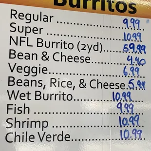 Burrito menu