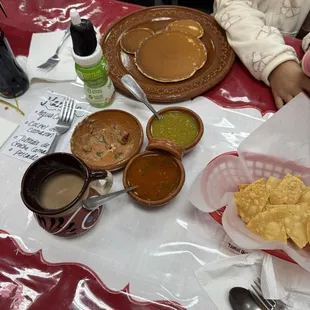 Mickey Mouse pancake and champurado salsa and totopos