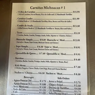Most recent updated menu. You can&apos;t go wrong with the 1lb de carnitas!