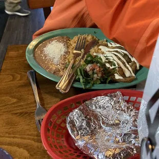 Chili relleno with rice and beans