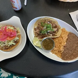 Taco, tostada and rice n' beans