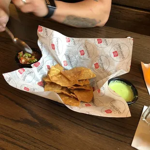 Chips, pico and Serrano sauce.