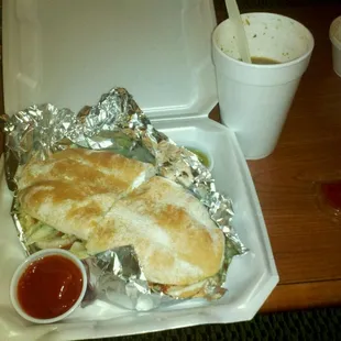 Torta adobada and a side of charro beans (frijoles charros)