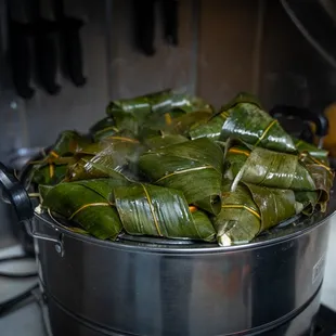 a pot filled with banana leaves