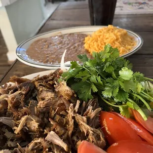 Carnitas, with rice and beans