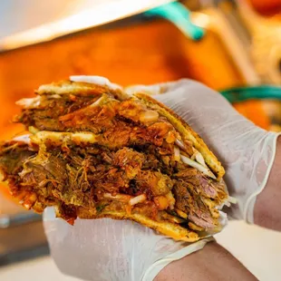 a person holding a large tortilla