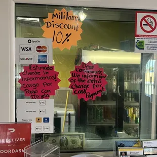 Military discounts, ways to pay cash or card accepted