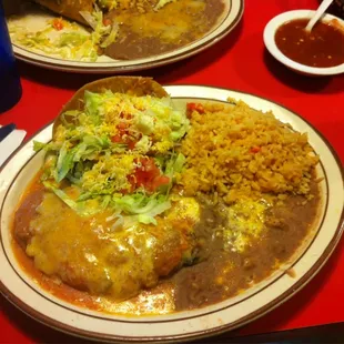 Chicken Taco, Chili Rellano, rice and beans