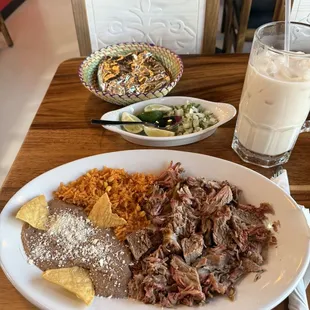 Carnitas plate with horchata