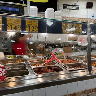 a buffet with a variety of food items