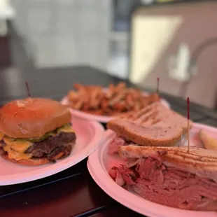 Smash Cheeseburger, The Farm Lunch Special Sandwich, and fries