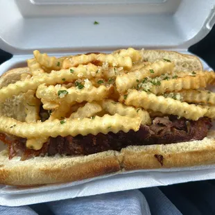 Garlic melt tri tip sandwich