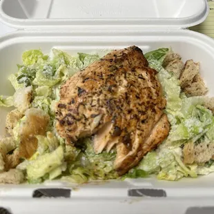 Caesar salad with jerk-seasoned salmon.