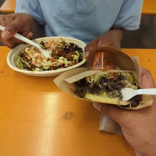 Pabellon beef bowl &amp; pabellon veggie arepa. Yum...