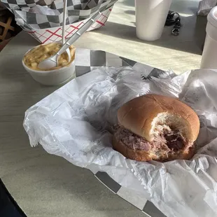 Small BBQ sandwich and side of mac n cheese