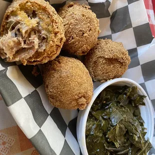 Pulled pork inside a hush puppy with collard greens