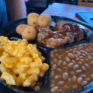 BBQ chicken plate, baked beans, mac &amp; cheese &amp; hush puppies.