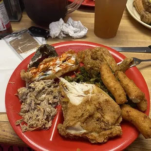 Fried Chicken, Flounder, BBQ, HP, Collards, Yams