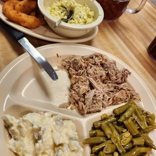 BBQ small portion, potato salad, and green beans