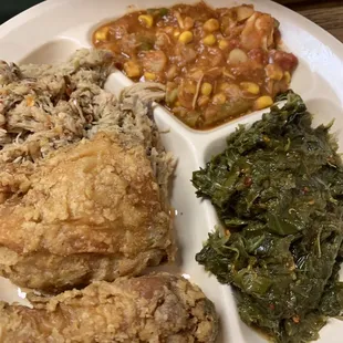 Fried chicken, pork bbq, collards, Brunswick stew.