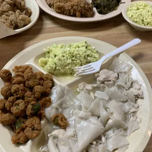 Chicken and pastry, fried okra, coleslaw