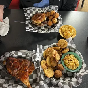Half bird, double order of fried squash, Mac and cheese, hush puppies and brisket sandwich.