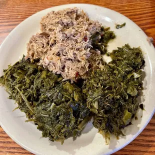 Pulled bbq, and collard greens.