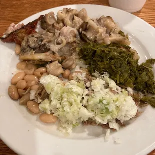 Pig feet, bbq, navy beans, collards, and cabbage.... Yummy!