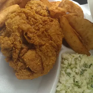 Chicken deal take out! 2 piece dark + fries + hush puppies + slaw $4.69