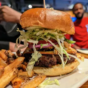 Steakhouse Burger. $14.50. House-ground beef, Gouda, crispy onions, Sriracha steak sauce, LT, red onion, house pickles, peppercorn mayo.