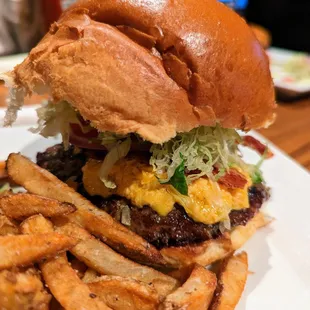 Carolina on My Mind Burger. $14.50. House-ground beef, pimento cheese, BLT, onion, house pickles, Carolina Gold BBQ sauce, peppercorn mayo.