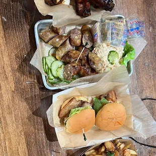 St Louis single bone ribs: Sausage pimento cheese and crackers; pork belly blt sliders; poutine fries