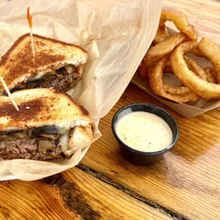 The special Patty-melt and home made onion rings