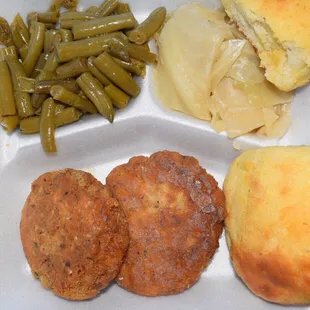 Salmon Cakes w/ Green Beans, Cooked Cabbage &amp; Biscuits: Carolina Cafe