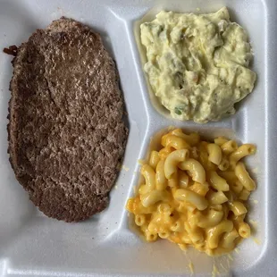 Excellent potato salad alongside good mac n cheese and hamburger steak